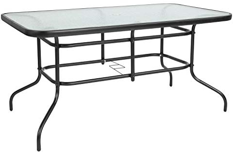 Flash Furniture Tory - Mesa Rectangular de Cristal Templado para Patio de 31.5 x 55 Pulgadas con Agujero para Paraguas, Moderna Mesa de Comedor de Vidrio Ondulado para Exteriores, Color Negro