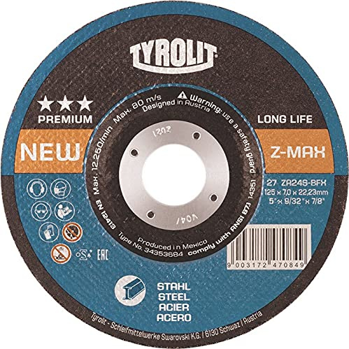 Tyrolit 34353683 PREMIUM LONGLIFE Disco de Desbaste con Borde Comfort Start, 27, ZA24S-BFX, 115 x 7.0 x 22.23 mm Dimensiones, Caja de 10