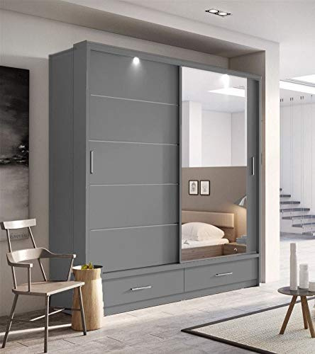 Arthauss Modern Bedroom Mirror Sliding Door Wardrobe ARTI 5 in Grey Matt 200cm - Flat Pack, LED-Lit Storage Solution with Hanging Rails and Drawers, Perfect for Modern Mirrored Furniture Lovers