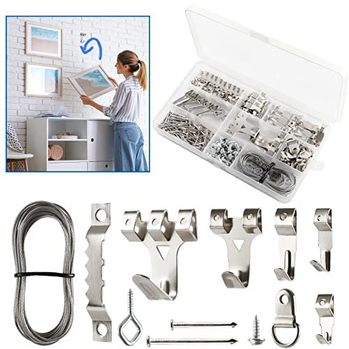 DazSpirit 250 Stück Silber Bild aufhänger, Bilderhaken Bildaufhänger Set mit D Ringe, Augen Schraubösen, Zackenaufhänger, Stahl Haken & Nägel für Haus Büro Foto Bild Malerei Hängen, Bilderbefestigung