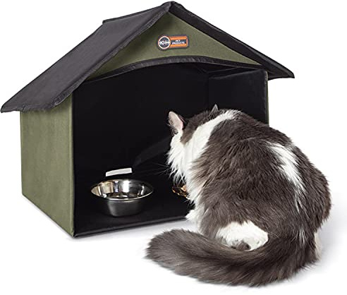 K&H Pet Products Outdoor Cat Dining Room Covered Outdoor Feeding Station Shelter for Feral Cat Food & Water Bowls, Pairs with K&H Thermo-Kitty Cafe (Sold Separately) - 14 X 20 X 16.5in Olive
