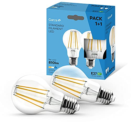 Garza - Pack de 2 Bombillas de Filamento LED Estándar A60, 7W (equivalente a 60W de incandescencia), Luz fría 5000K, Casquillo grueso E27, 810 lm