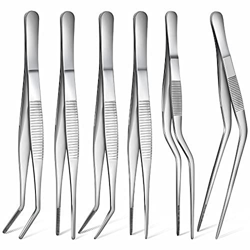 6 Pezzi Pinzette da Cucina con Punte Seghettate di Precisione Pinzette in Acciaio Inossidabile Pinze Pinzette da Cucina per la Cottura al Forno Design del Cibo, 6 Stili, 6,3 Pollici