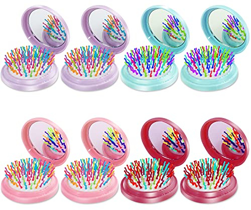 ONLYFU Hair Brush, 8 Pcs Folding Travel Mirror Hair Brushes Round, Compact Portable Hair Brush with Mini Mirror for Women Girls