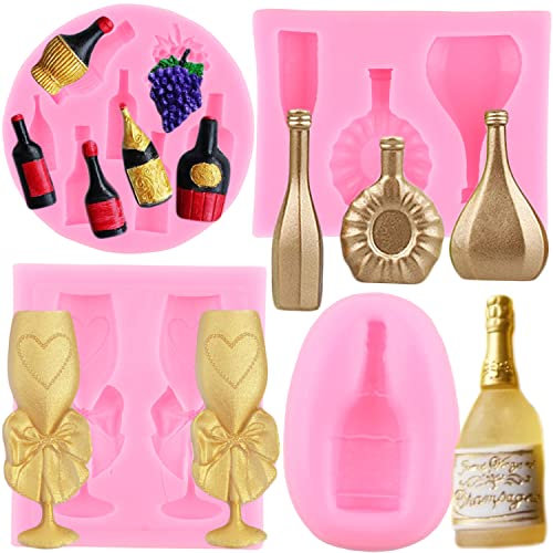 ZiXiang Wine Bottles Silicone Molds Wine Glass Cup Fondant Mold Grape Champagne Bottle Chocolate Molds For Cake Decoration Cupcake Topper Candy Polymer Clay Gum Paste Set Of 4
