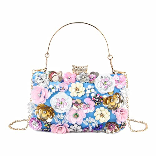 Fecialy Blumen Clutch Abendtaschen für Damen mit bunten Blumen Metall Strasssteinen Abend Clutch Geldbörse Hochzeit Party Handtaschen,Blau
