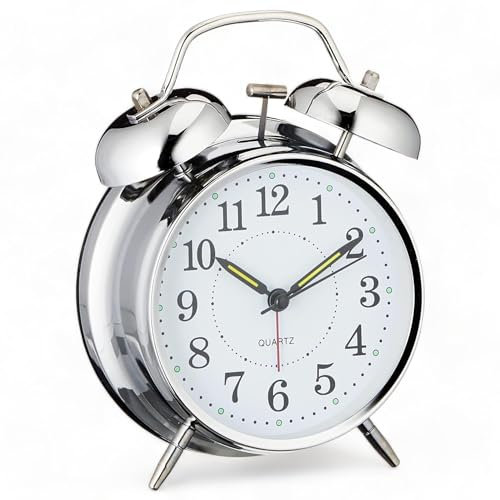 Despertador analógico de cuarzo de metal cromado, Reloj Mesa Retro, con doble gong y luz nocturna, diámetro de 10 x 16 cm