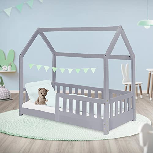 ML-Design barnsäng 70x140 cm med skydd mot utfall, tak och spjälstak, ljusgrå, barnsäng i massivt trä, säng för flickor/pojkar, sänghus i massivt furu, stabil ungdomssäng för barn, barnhus