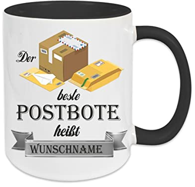Crealuxe Kaffeetasse - Der Beste Postbote heißt (Wunschname) - Spruchtasse, Bürotasse, bedruckte Keramiktasse, Tasse mit Spruch, Hochwertige Kaffeetasse, Tasse personalisiert (Schwarz)