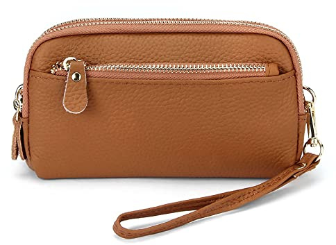 FORRICA Cartera Mujer Gran Cuero Genuino Clutch Monedero 3 Cremalleras Elegante Cartera para Teléfono Ligera Billeteras con Correas de Muñeca Amarillo