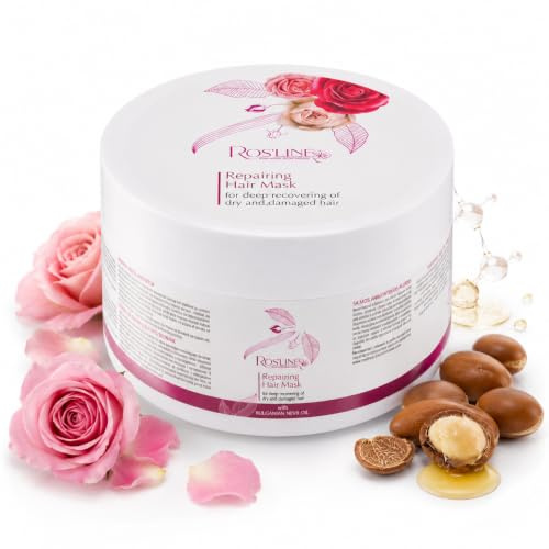 ROS'LINE Reparerande Hårinpackning Argan Rosenvatten 350 ml | Rik hårmask med aminosyror och arganolja som glättar, ger glans och minskar hårbrott på skadat och slitet hår