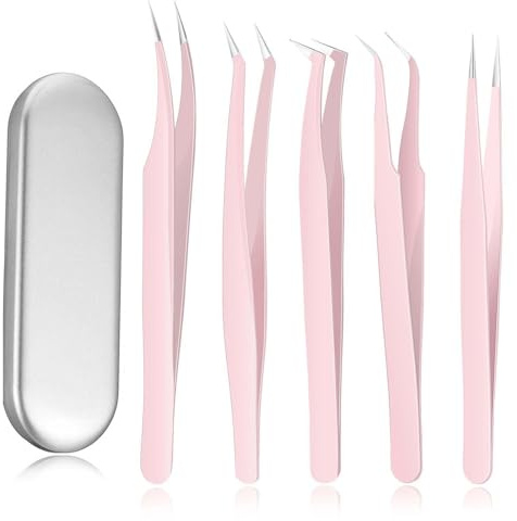 Pinzas De 5 Piezas para Extensiones De Pestañas Juegos De Pinzas De Pestañas con Caja Pinzas De Volumen para Extensiones De Pestañas Pinzas De Pestañas De Acero Inoxidable Pinzas Curvadas (Rosa)
