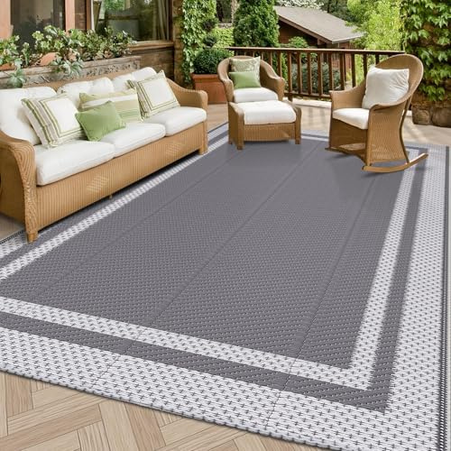 HappyTrends Alfombra portátil de plástico para exteriores, para acampada, para exteriores | Alfombras grandes reversibles e impermeables para exteriores, para patio, terraza, porche, balcón (5 x 8 pies, blanco y gris)