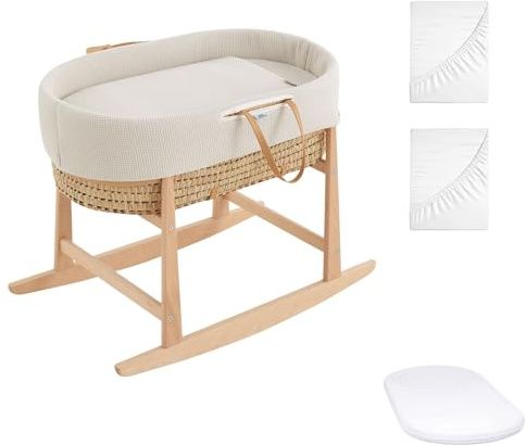 CoolDreams komplettes Babykörbchen (Bezug aus Baumwolle, Fuchs, geprägt + perforierte Matratze + Schaukelgestell + 2 wasserdichte Babykörbchen gratis)