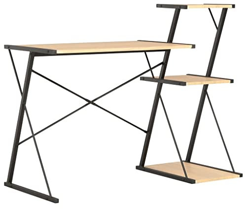ZYMEN Computer Desk with Shelf, Chipboard & Steel Writing Table, Office Furniture Black and Oak 116x50x93 cm Commemoration Day