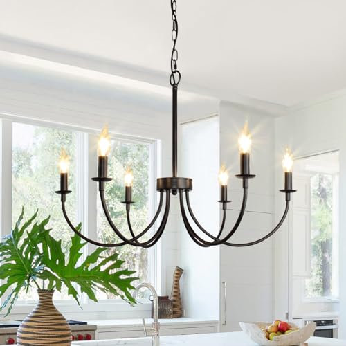 JHLBYL 6-Light Black Metal Chandelier, Vintage Ceiling Light with E14 Dimmable Lamp Holders, Industrial Pendant Light with Adjustable Hanging Chain for Living Room, Bedroom, Dining Room
