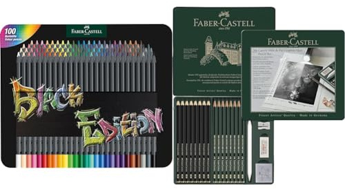 Faber-Castell 116490 - Buntstifte Black Edition, 100er Metalletui & 115224 - Bleistifte Set Pitt Graphite Matt & Castell 9000, 20-teilig, inkl. Papierwischer, Radierer, Knetradierer und Spitzer