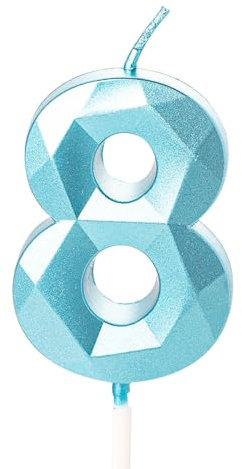 Blue 8th Birthday Candle for Cake, Number 8 Candle Toppers for 8 Year Old Boys