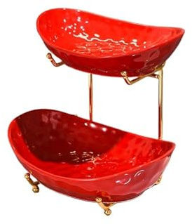 Bandejas para tartas Frutero for encimera de cocina, cuencos de cerámica multicapa con soporte de metal, cesta de frutas roja for frutas, verduras, aperitivos, frutos secos, juego de bandeja for servi