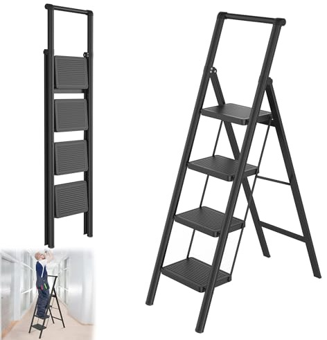 YRHome 4 Stufen Klappbar Trittleiter Leiter Tritthocker Klapptrittleiter mit breitem rutschfeste Pedal und Handlauf Multifunktionale Haushaltsleiter Stehleiter Bis 250KG Schwarz für Haushalt, Küche