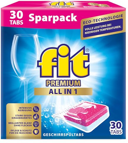 fit All-in-1 Premium Tabs 30 Stück - Geschirrspül-Multi-Tabs für Spülmaschinen - mit Schnelllöseformel für Sauberkeit, Glanz
