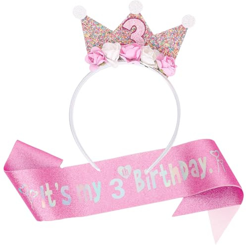 LUKIUP 2 Stück Geburtstagskrone Geburtstagsgürtel Mädchen, 3 Jahr Geburtstagskrone, Geburtstagskrone Mädchen 3 Jahre, Rosa Schärpe Geburtstag für Prinzessin Krone Gute zum Geburtstag Partydekorationen
