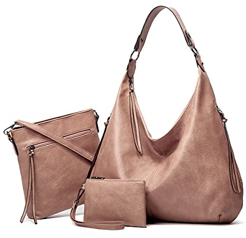 Pahajim Handtasche Damen Leder Handtaschen Set mit Geldbörse Shopper Tasche Damen Groß Hobo Umhängetasche Damen für Arbeit Einkaufen(Pink)