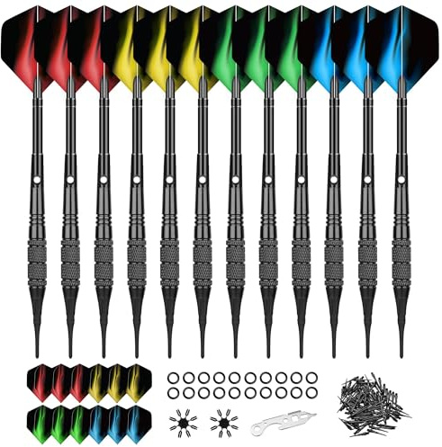 WayArrival 12-pack mjuka spetspilar, professionella 19 gram plastspetsdartset med premium aluminiumaxlar, 100 pilspetsar, 24 dartflygningar, hållbar dartfat i mässing
