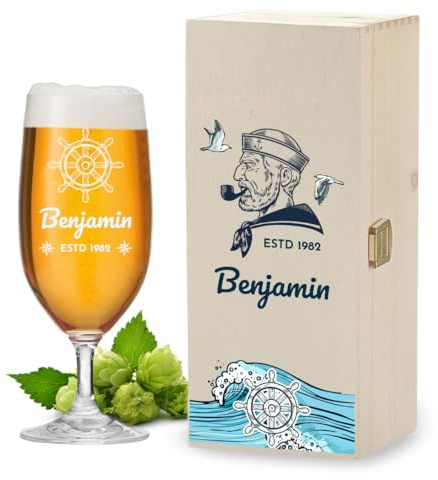 polar-effekt Leonardo Pilstulpe 0,3 L & Holzkiste mit Druck personalisiert - Geschenk-Set für Freunde, Familie und Kollegen - Bierglas für Pils, Lager und Export