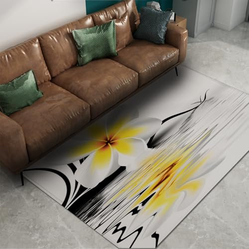 Via Vela Eleganter Zen-Steinteppich 100x200cm - Gelbe Orchideenblüte Wasserreflexion Maschinenwaschbar Weicher Rutschfester dünner Teppich mit niedrigem Flor für das Esszimmer