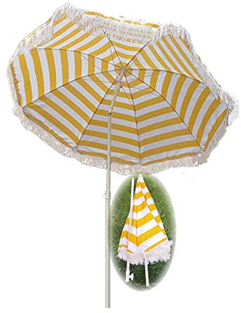 Parasol de plage portable inclinable avec franges - Jaune et blanc rayé - Parasol rond pour plage, jardin, piscine, terrasse - Hauteur réglable : 1,6 m
