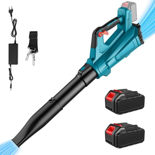 Soffiatore di Foglie senza Fili 21V, Soffiatore a Batteria Viene Fornito con Due 3.0 Ah Batterie e Spallacci, Velocità Massima 225 km/h, Ricarica Rapida, Soffiatore Elettrico per Cura Del Prato