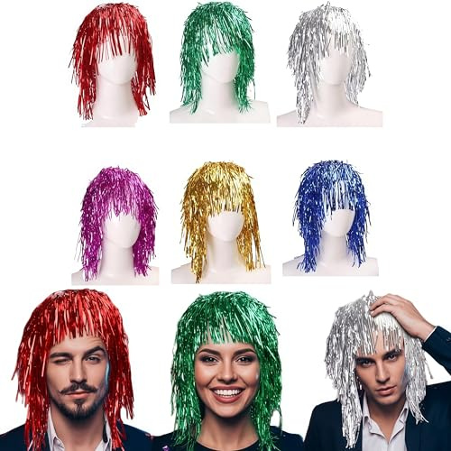 SDXCJY 6 Stück Foil Tinsel Perücken, bunte Folientinselperücken, glänzende Perücken für Fancy Dress, Metallic Bunte Cosplay Peruck,Ideal für Cosplay,Kostümpartys, Halloween und Weihnachten (Colorful)