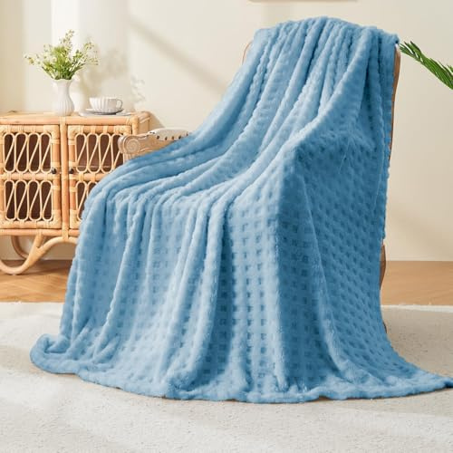 Wajade Fleece Throw Blanket, Fluffy Faux Fur Blanket for Bed Sofa Couch, Soft Warm Thick Blanket,waffle Light Blue-127X178