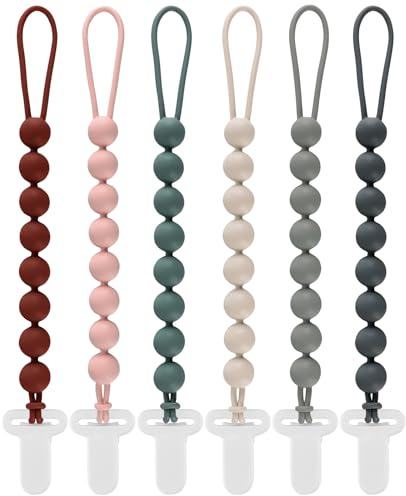 6-Pack Silicone Pacifier Clips for Babies, Safe Teething Beads, Rust-Free Holders, Baby Boy and Girl Essentials, Newborn Must-Have Accessories, BPA-Free