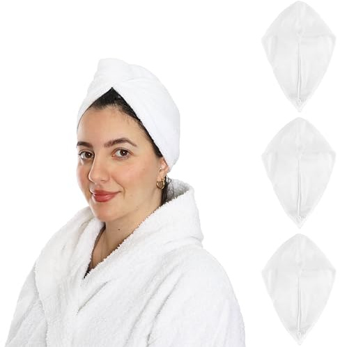 I LOVE FANCY DRESS Juego de 3 toallas de microfibra blancas para el cabello, 65 x 25 cm, suaves, antiarrugas, súper absorbentes y de secado rápido, ideales para cabello húmedo, largo, grueso o rizado,