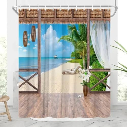 JGGXHM Tenda da doccia per esterni con paesaggio marino, spiaggia, oceano, piante tropicali, paesaggio naturale, tenda da appendere alla finestra, decorazione per il bagno 140x183cm/WxH