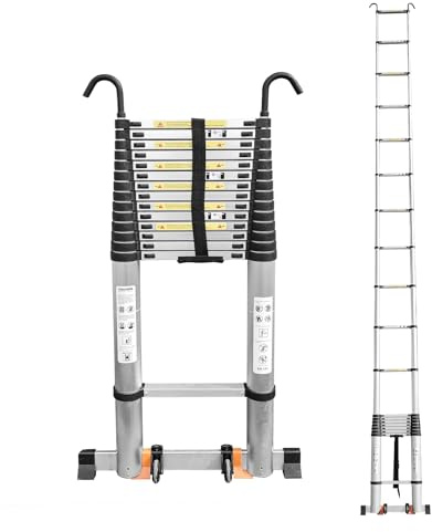 JADDUO 6,5 m Teleskopleiter Aluminium Leichtbau-Ausziehleiter mit 2 Dreieckstabilisatoren Zusammenklappbare Dachboden- und Wohnmobil-Reiseleiter für Zuhause und Outdoor