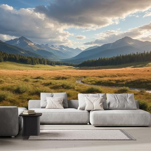 Papier Peint Panoramique Montagnes Prairies 430x300 cm Poster Murale 3D Nature Paysage Tapisserie Photo Peinture Murale,Papier Peint Intissé Fresque pour Salon Chambre Toile Fond TV