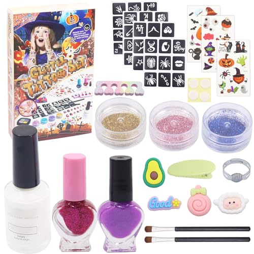 Mecctuck 22 delar glittertatueringsset för barn, tillfälliga glittertatueringar för flickor, halloween makeup set med stenciler lim ringar hårspännen tatuering klistermärken borste för flickor från 3