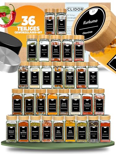 CLIDOR Gewürzgläser eckig [36 x 125ml], Luftdichte Gewürzgläser mit Streueinsatz + 248 wasserfeste Gewürzetiketten, Gewürz Organizer & Gewürzdosen, Gewürzstreuer zum Nachfüllen, Deckel aus Bambus