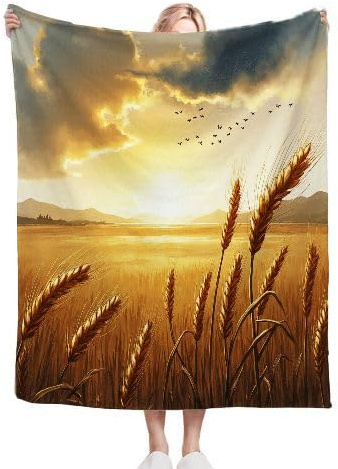 Gumntun Coperta in flanella doppia spessa 150 x 200 cm, motivo campo di grano, morbida e confortevole, per letto, divano da viaggio, leggera, termica, 150 x 200 cm, per adulti e ragazzi
