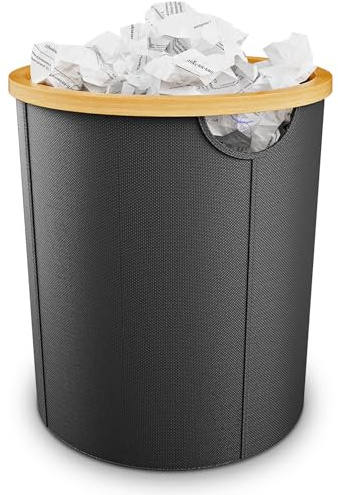 Vireon Papierkorb Büro aus Bambus-Mülleimer Büro aus Oxford-Stoff-Papiermülleimer Runder-Papiereimer Schwarz Abfalleimer-für Homeoffice/Arbeitszimmer/Schreibtischbereich
