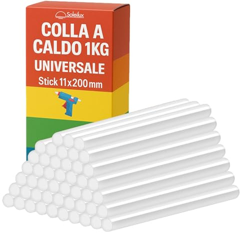 SOLEILUX Stick Colla a Caldo Universale 1kg - 11x200mm, Trasparente, Compatibile con Pistole Standard, Forte Adesione per Legno, Plastica, Tessuti e Fai da Te (1)