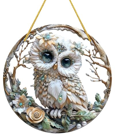 HUVZOR 1 Stück Hängende Fensterdeko Eule Buntglas Deko, Kolibri-Sonnenfänger Zum Aufhängen an Fenstern, Eule-Anhänger aus Acryl mit Kette, Fensterbehang Fenster Türen Deko Für Zuhause Studio