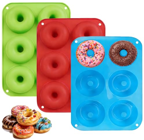 3 Pack Red,Blue,Green Silicone Donut Moulds,6 Cavity Non-Stick Doughnut | Baking Mould, Donut Pan, Doughnut Tray, Baking Tray for Donuts Bagels Muffins