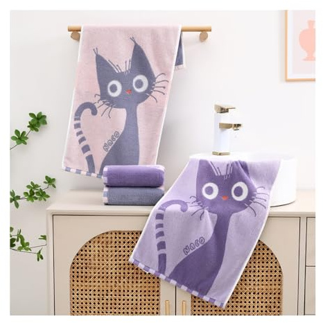 ISABELLA MOON 2PCS Children's Facial Towel, Kids Washcloth Towels, Cotton Kids Face Towels, Cute Kitty dog Hand Towel Set, Children Wash Cloths for Hand Face Shower, 35x 70 CM (Cat)