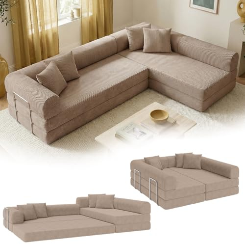 skølm Lofn Ecksofa 4-Sitzer 300 cm, Cord Grau, Wohnlandschaft, 4 Kissen | Klappsofa, ausklappbar zum Schlafsofa/Bodensofa, Vollschaumcouch Boneless mit Stahlgestell, vakuumverpackt, L-Form