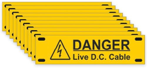 iSigns Warning Signs (Danger Live DC Cable), Pack of 10 Tags, 75x20mm, Durable Electrical Warning Labels, Easy to Install Live Cable Sign, British HSE Standards Approved