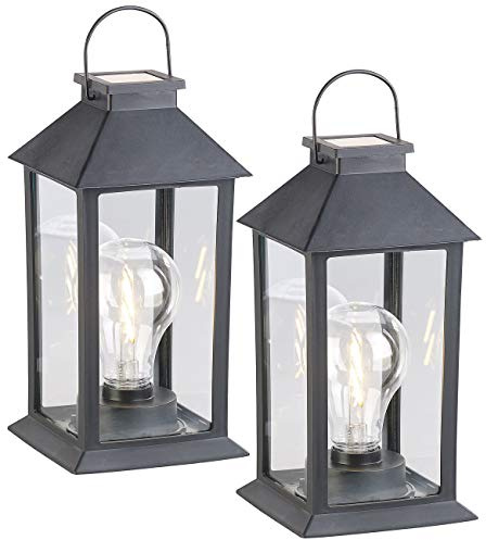 Lunartec Mini-Solar-Laterne: 2er-Set Solar-Laterne mit LED-Glühbirne, Dämmerungs-Sensor, Akku, 5 lm (Deko mit Glühbirne, LED-Filament Outdoor, Grab)